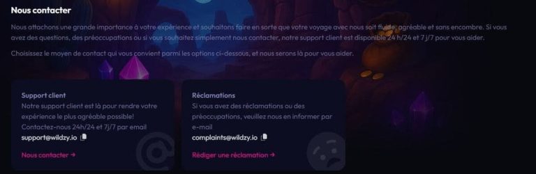support client Wildzy Casino